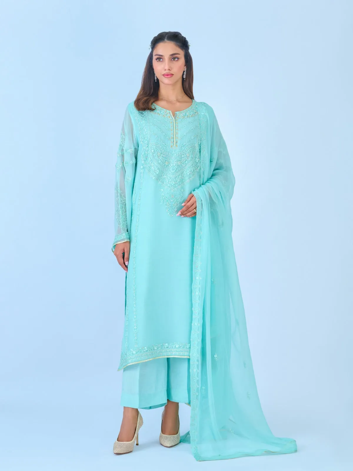 3 Piece - Embroidered Chiffon Suit S109940
