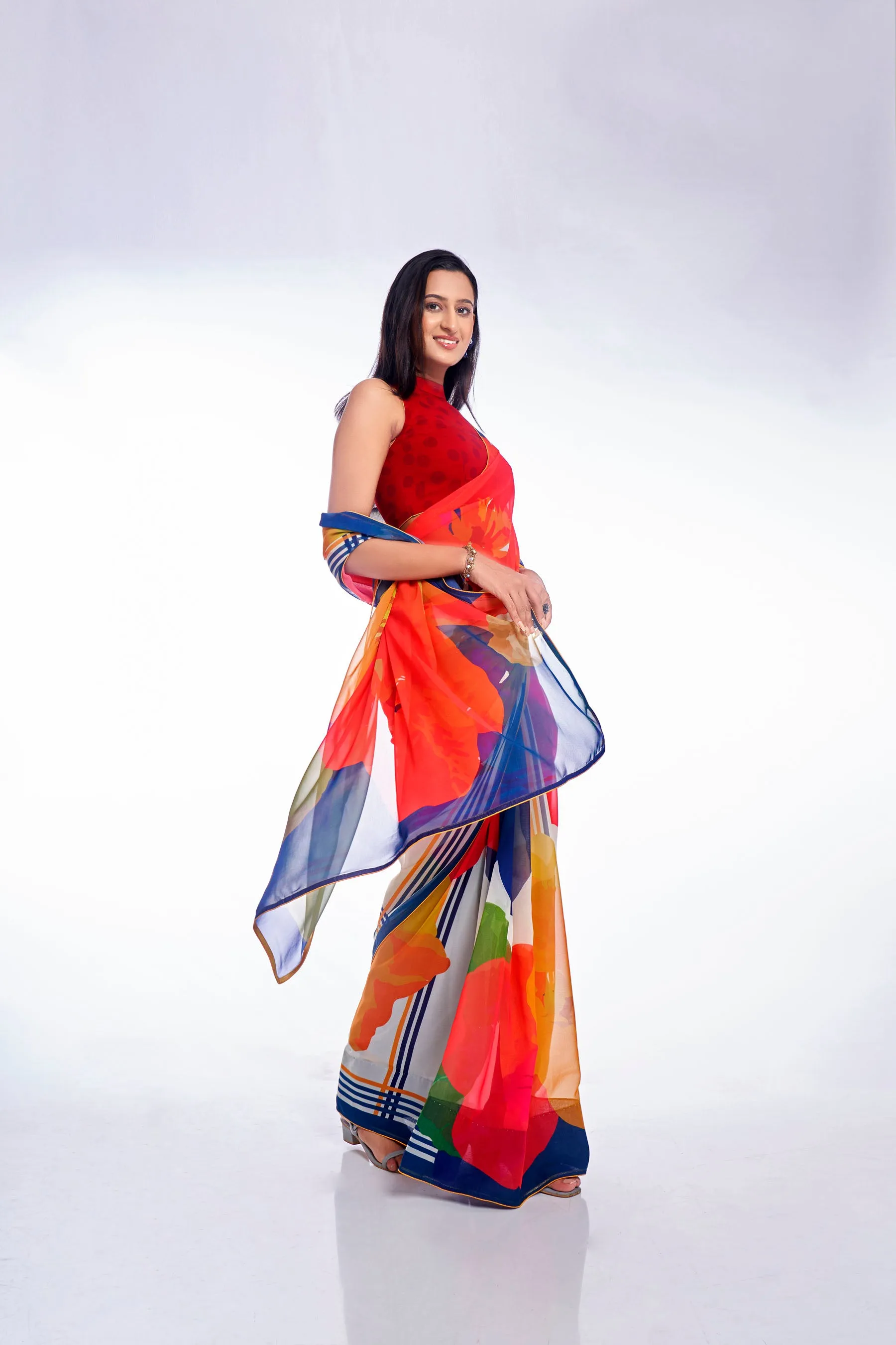 Abstract Printed Multicolored Georgette Saree With Co-ord Lace