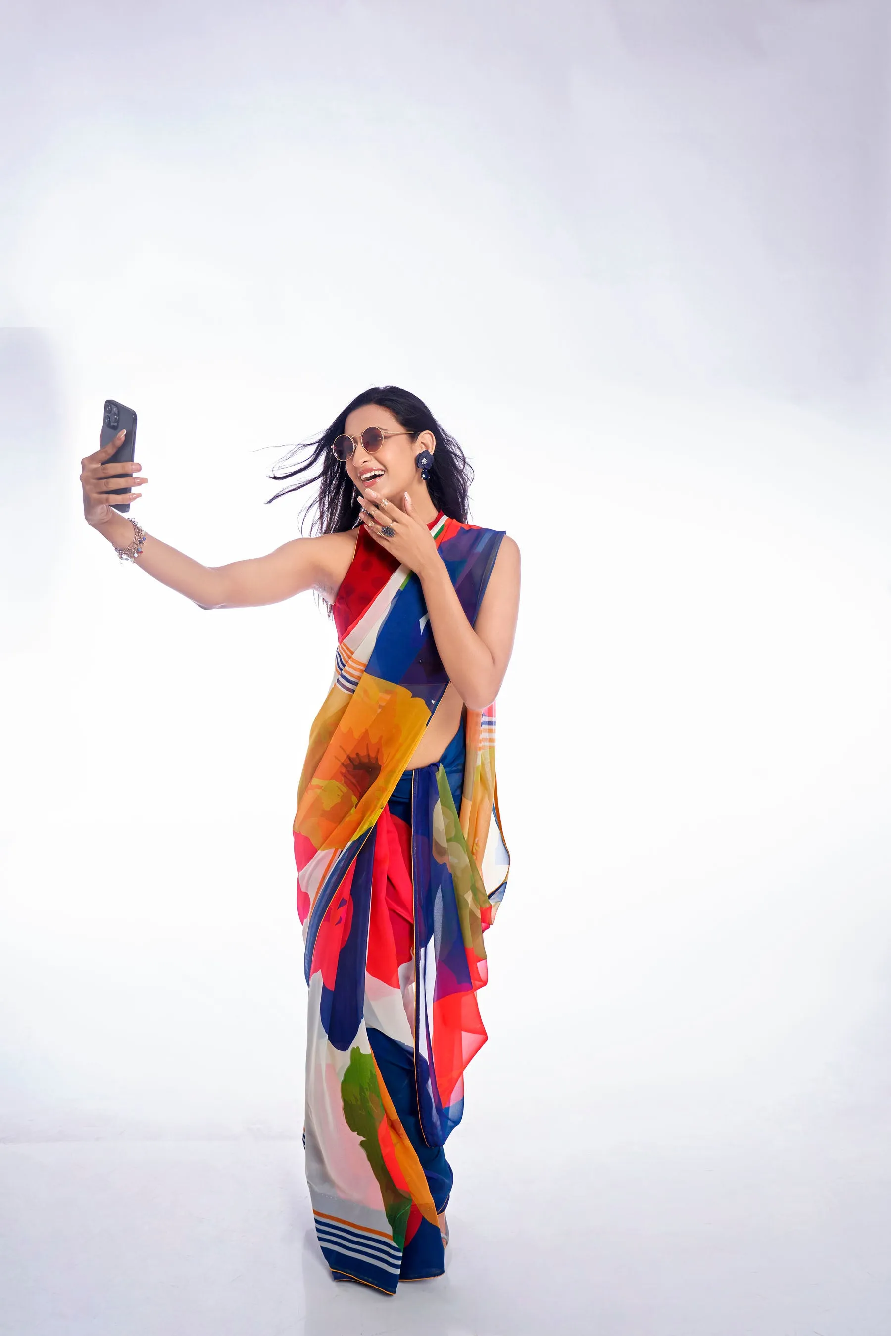 Abstract Printed Multicolored Georgette Saree With Co-ord Lace