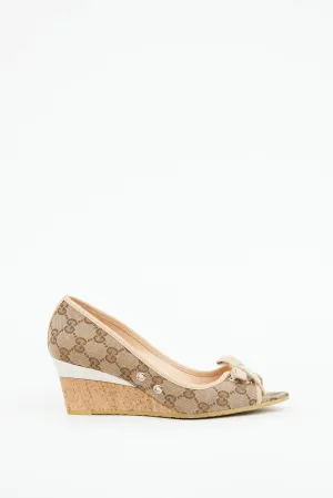Beige GG Canvas Peep Toe Wedge