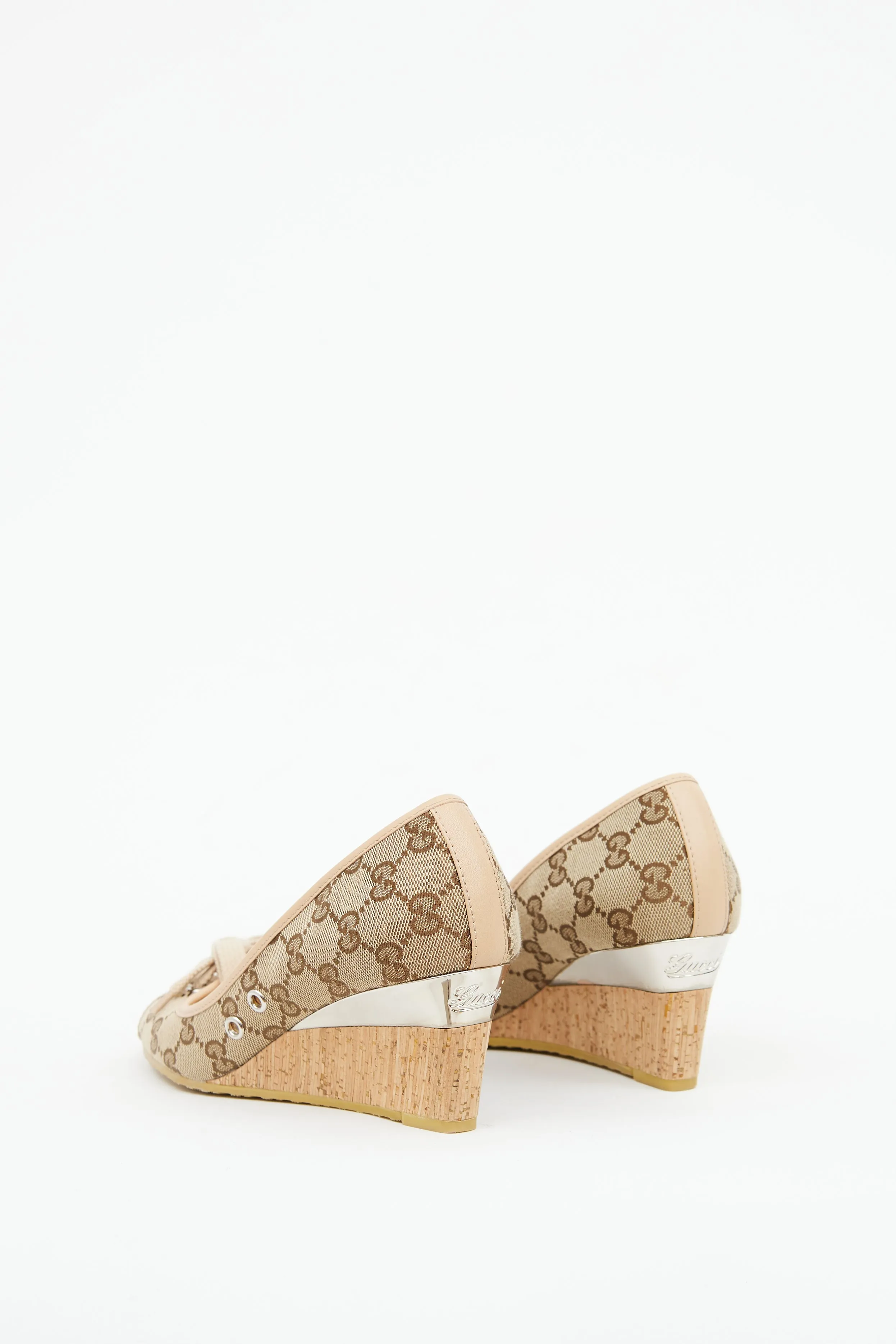 Beige GG Canvas Peep Toe Wedge