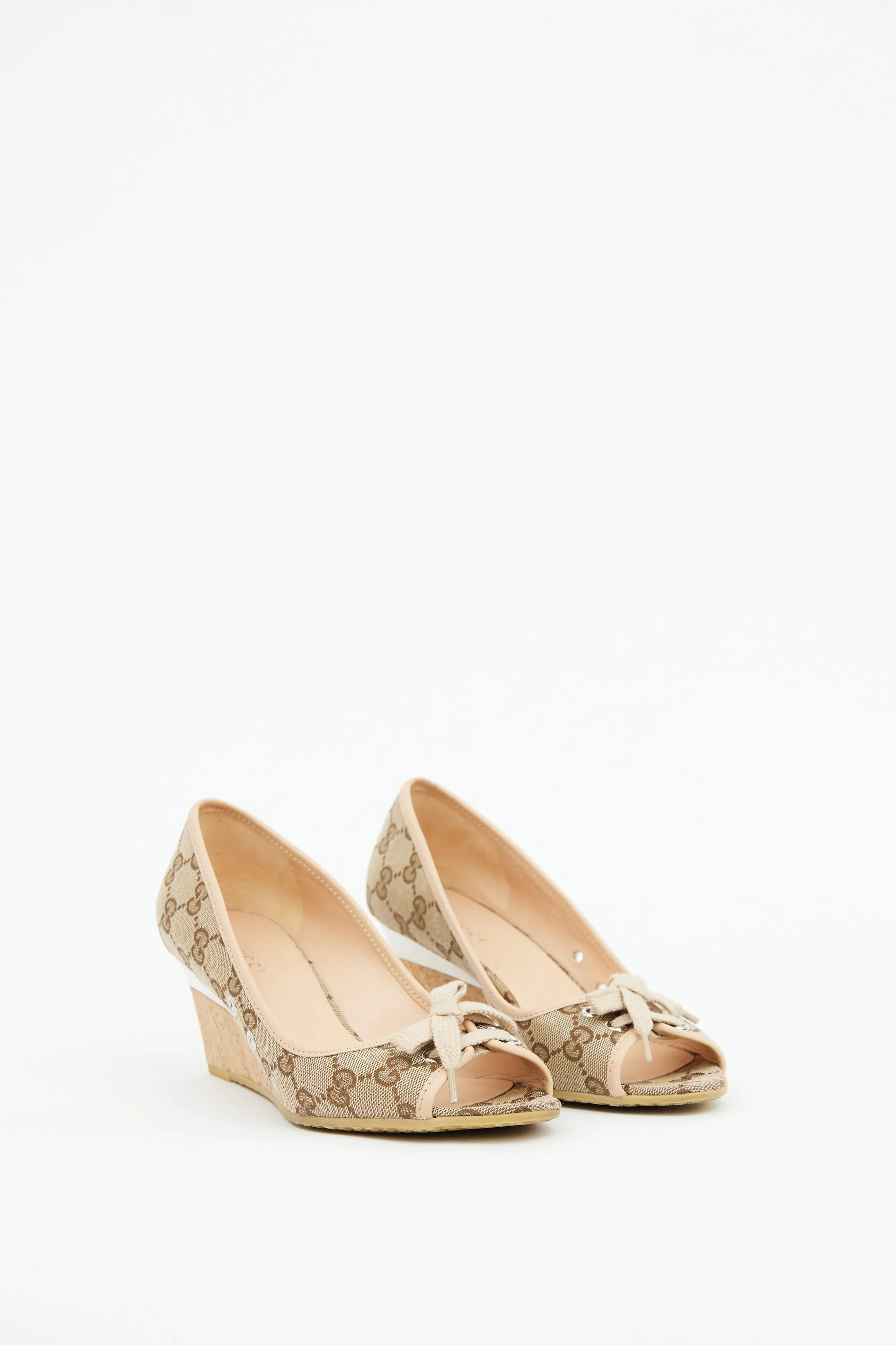 Beige GG Canvas Peep Toe Wedge