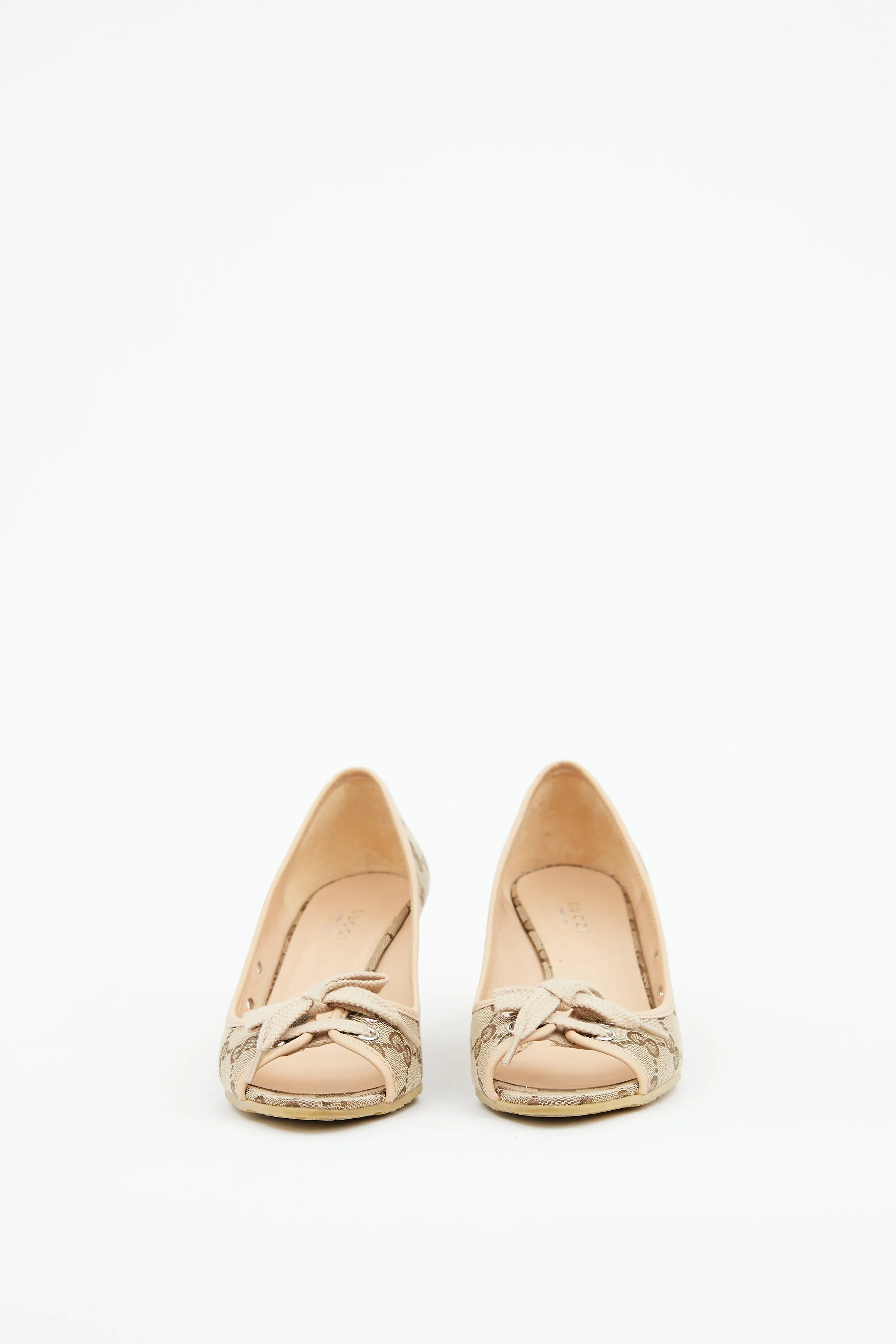 Beige GG Canvas Peep Toe Wedge