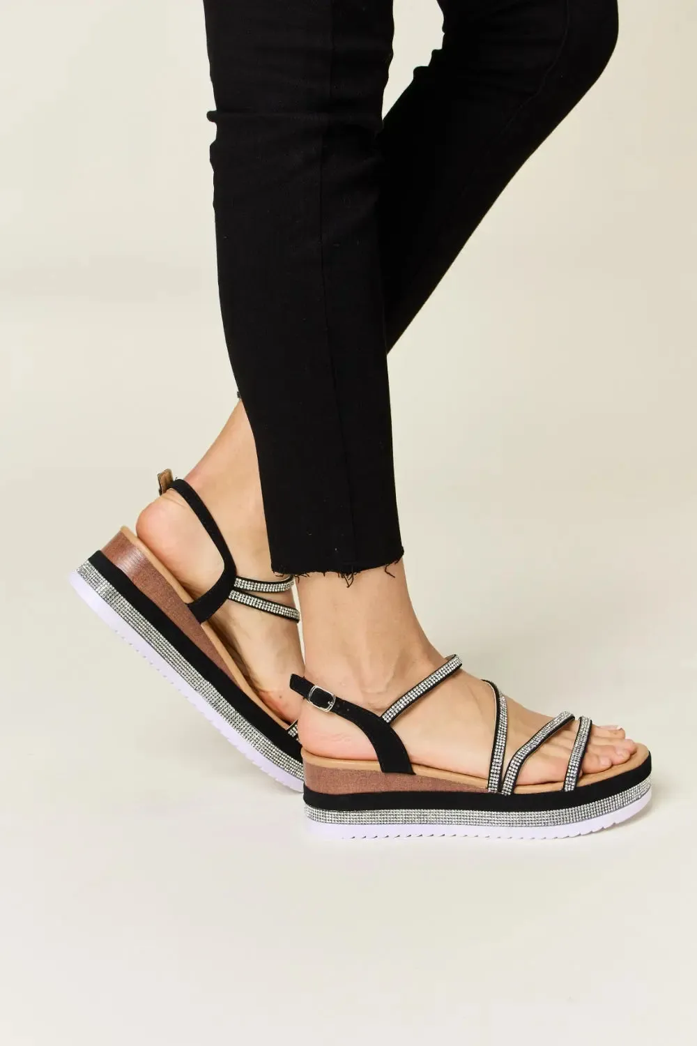 Black Rhinestone Strappy Wedge Sandals
