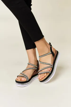 Black Rhinestone Strappy Wedge Sandals