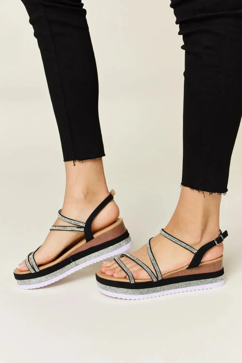 Black Rhinestone Strappy Wedge Sandals