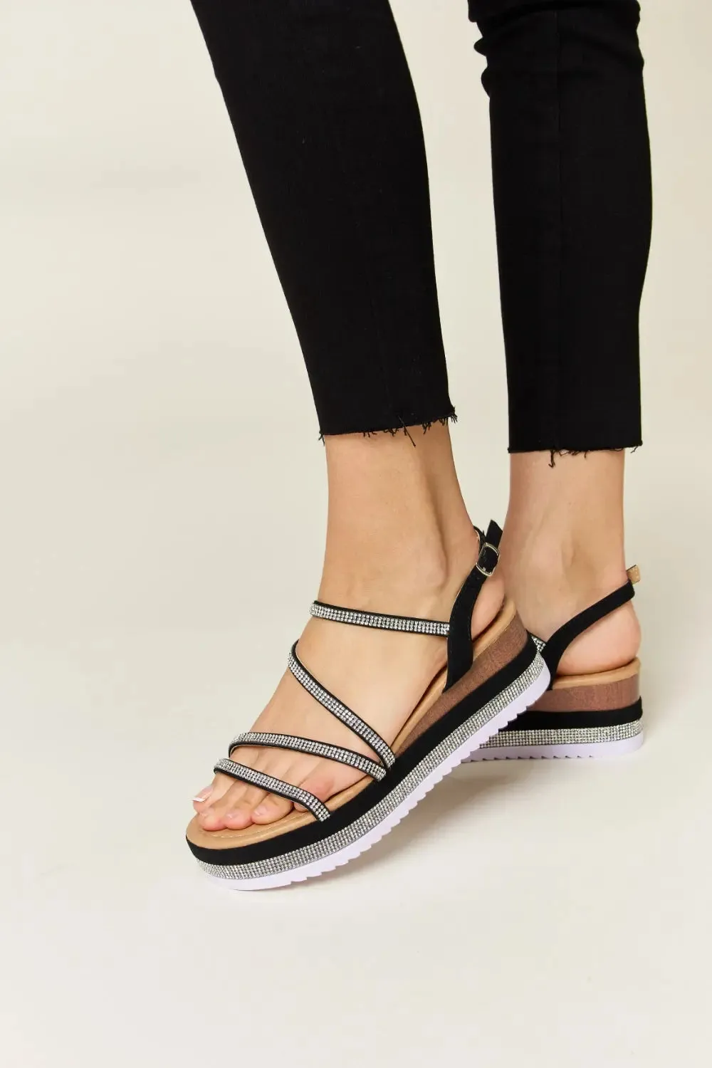 Black Rhinestone Strappy Wedge Sandals