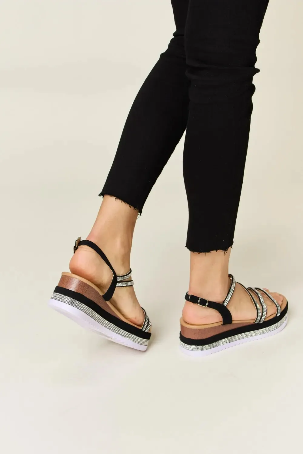 Black Rhinestone Strappy Wedge Sandals