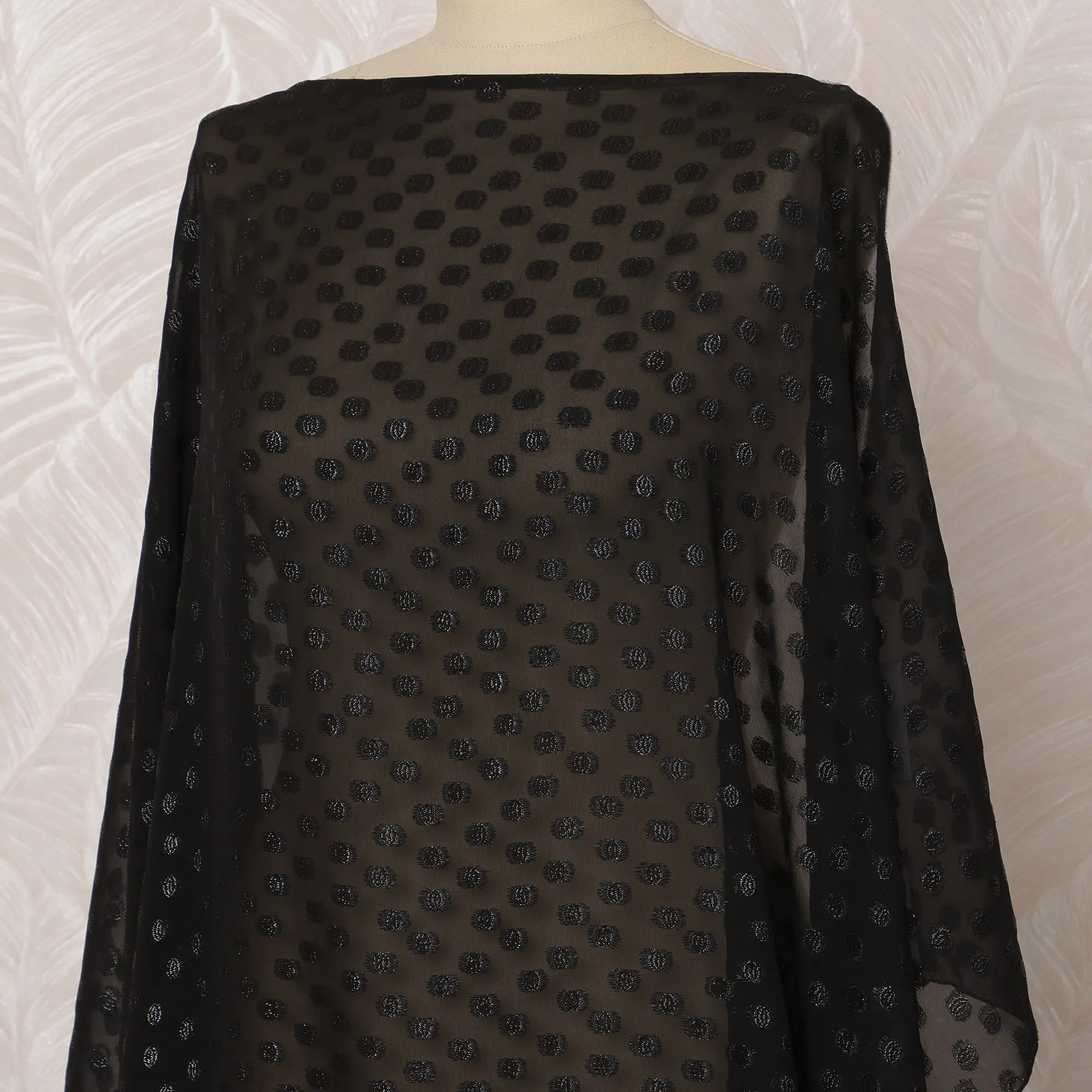 Black Somali Silk (Fransawi) Chiffon Dirac Fabric with Black Metallic Lurex, 3.5 Meters, 140 cm Width, France-D20894