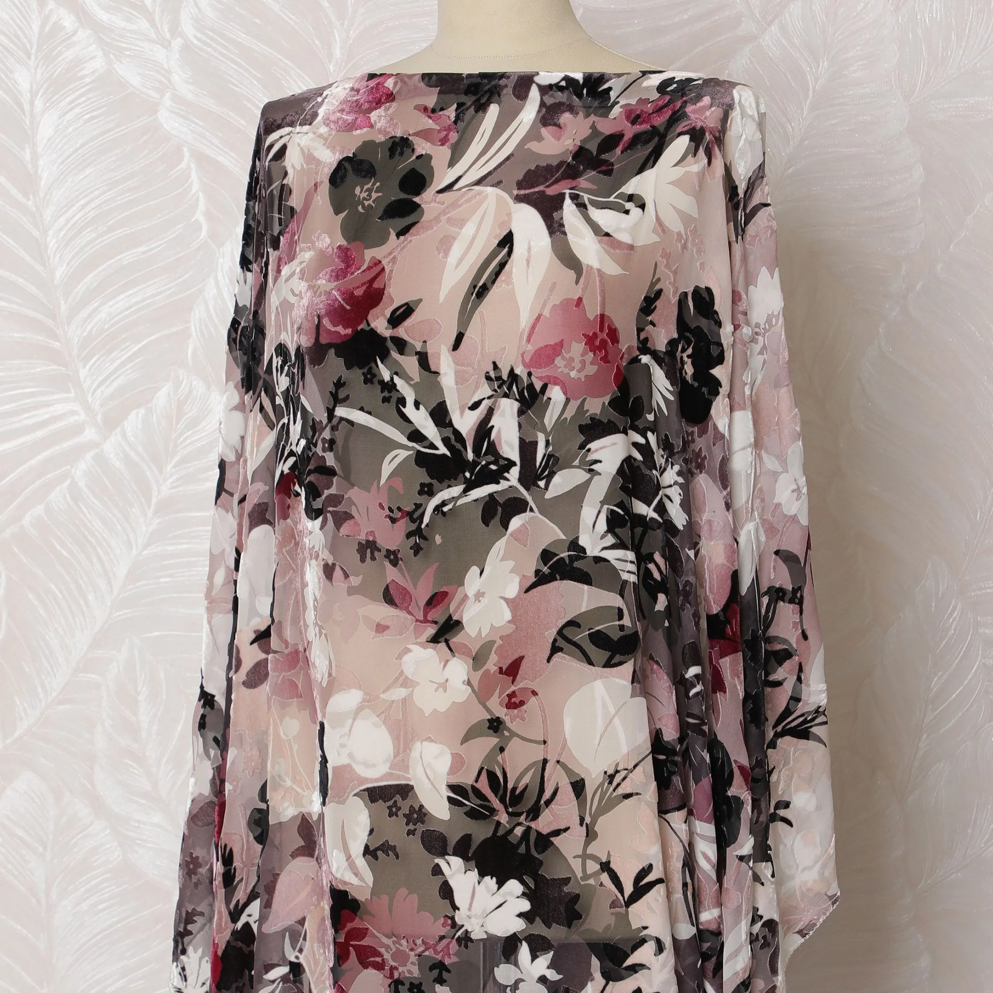 Blush Noir Floral Silk Chiffon Velvet Dirac Fabric - 140cm Wide - Italian Sophistication - 3.5 Meters Piece -D18294