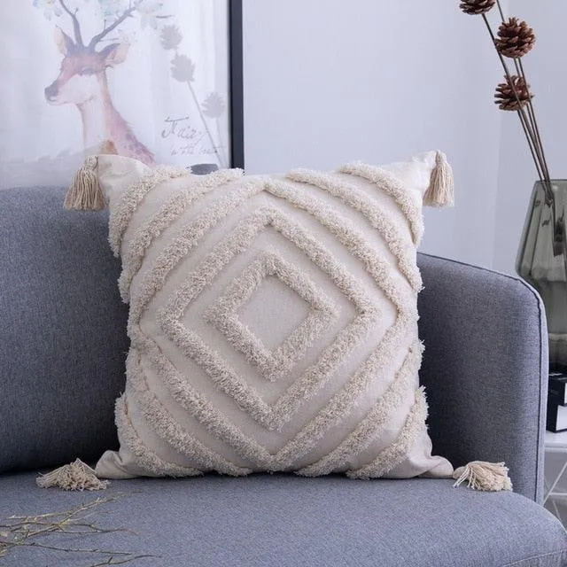 Bohemian Chic Tassel-Embroidered Cushion Cover