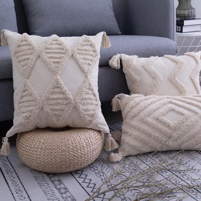 Bohemian Chic Tassel-Embroidered Cushion Cover