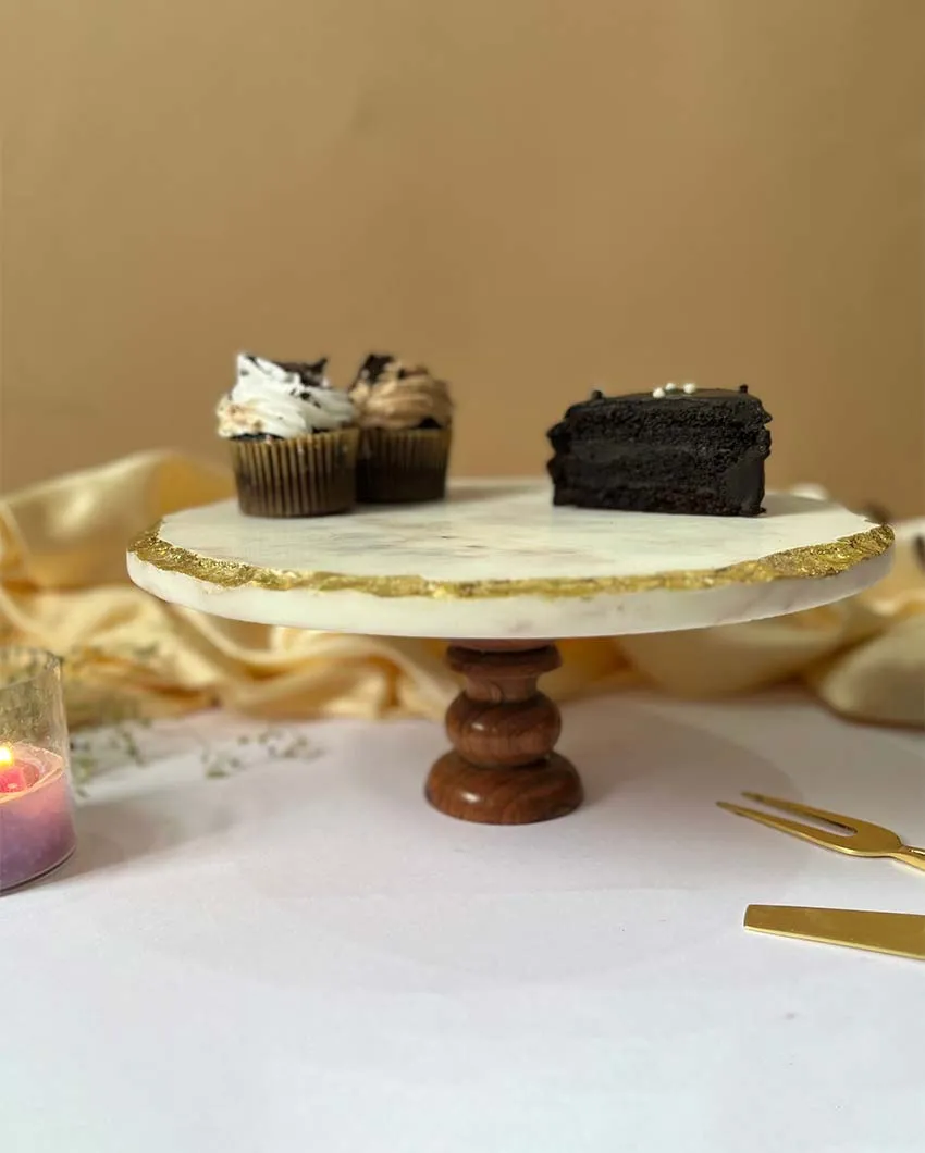 Classic Design Round Marble Cake Stand With Wood | 10 x 5 inches