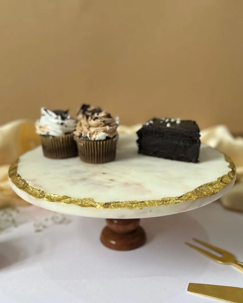 Classic Design Round Marble Cake Stand With Wood | 10 x 5 inches