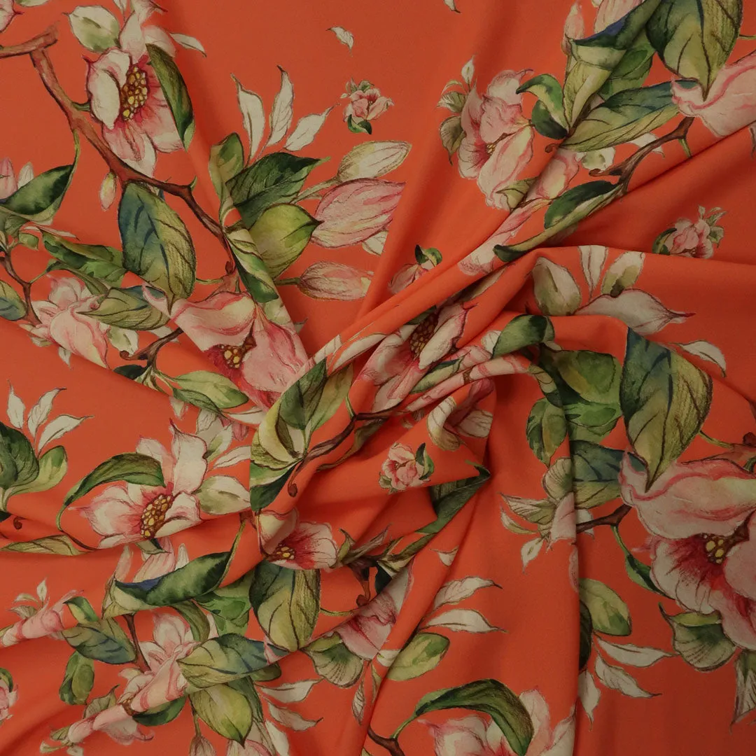 Coral Background with Pink and Green Floral Printed Fabric