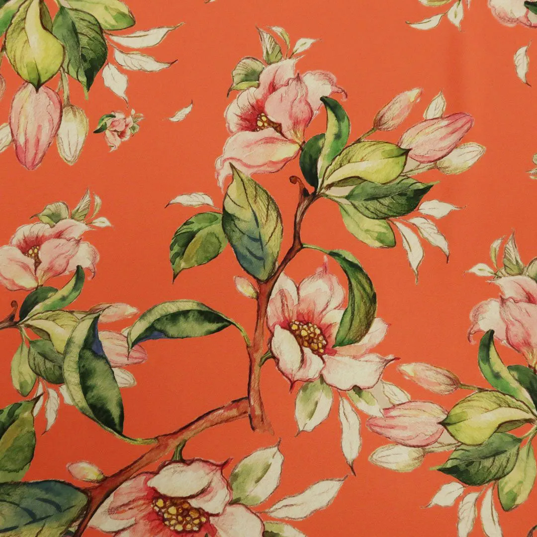 Coral Background with Pink and Green Floral Printed Fabric