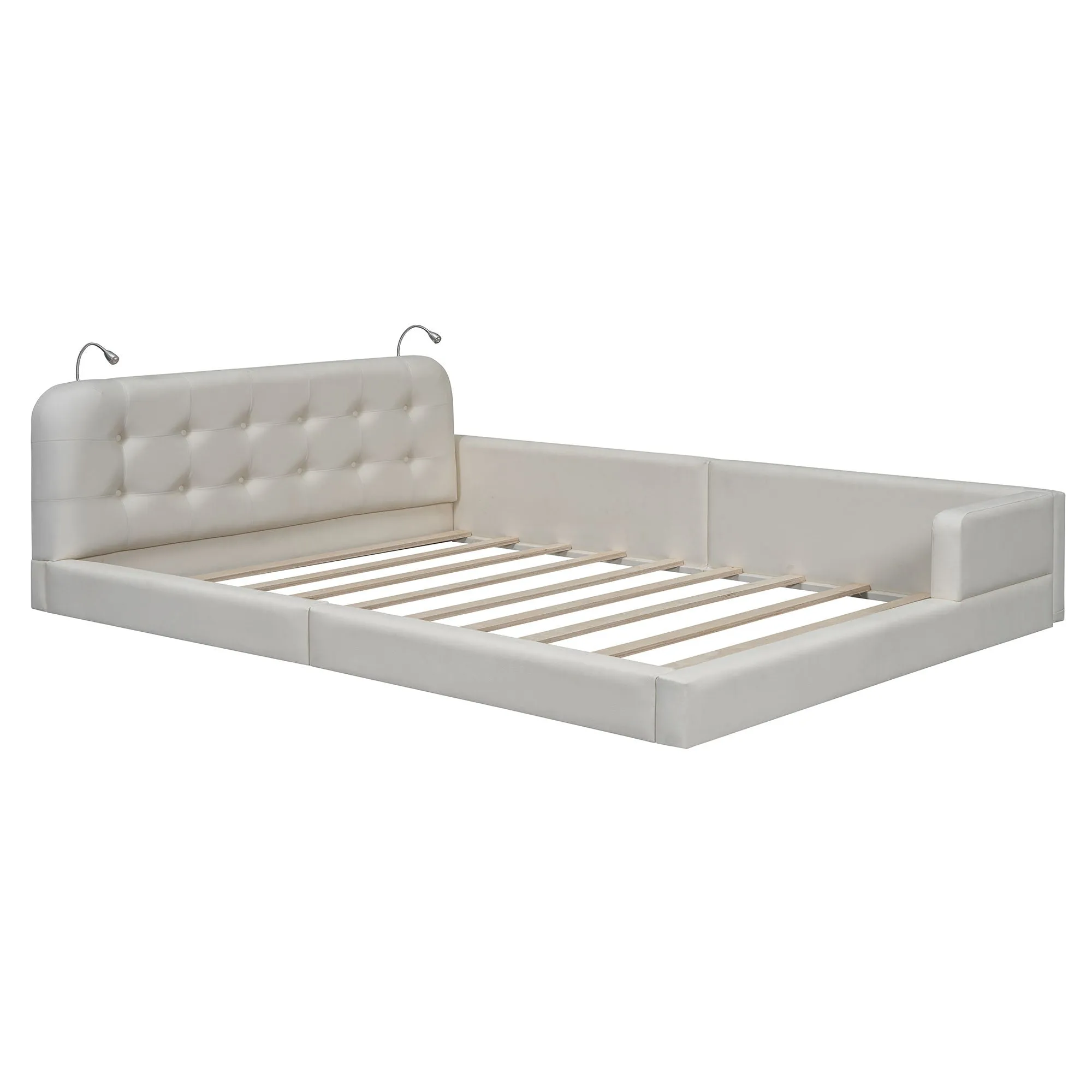 Couch.com Queen Size Upholstered Platform Bed With 2 Reading Lights White, Platform Base, Durable Design, Modern Style, Faux Leather Construction, White Finish by Couch.com