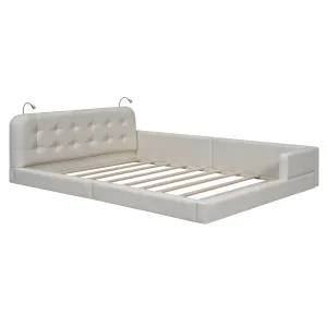 Couch.com Queen Size Upholstered Platform Bed With 2 Reading Lights White, Platform Base, Durable Design, Modern Style, Faux Leather Construction, White Finish by Couch.com