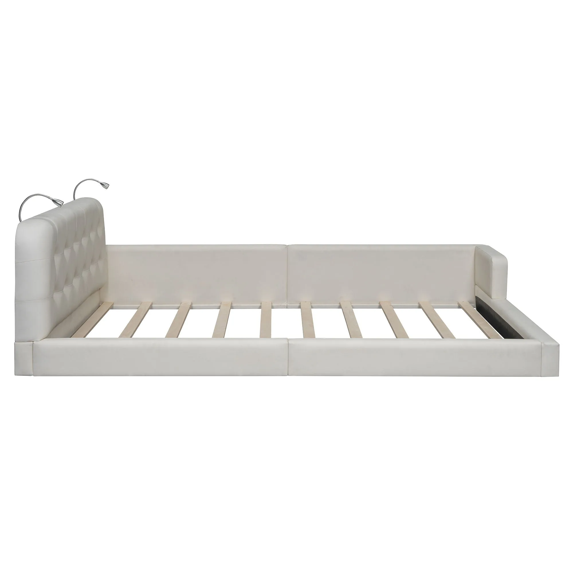 Couch.com Queen Size Upholstered Platform Bed With 2 Reading Lights White, Platform Base, Durable Design, Modern Style, Faux Leather Construction, White Finish by Couch.com