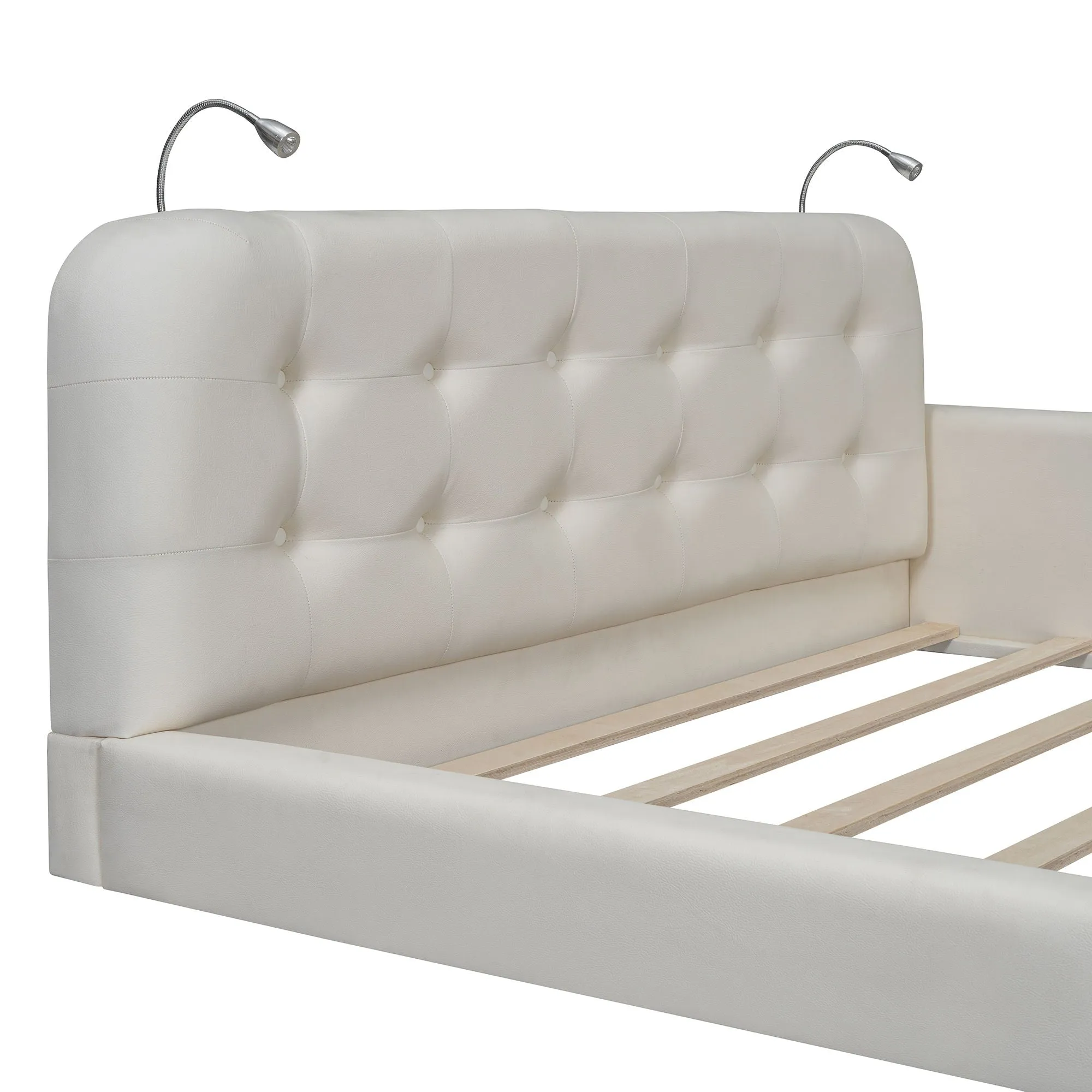 Couch.com Queen Size Upholstered Platform Bed With 2 Reading Lights White, Platform Base, Durable Design, Modern Style, Faux Leather Construction, White Finish by Couch.com