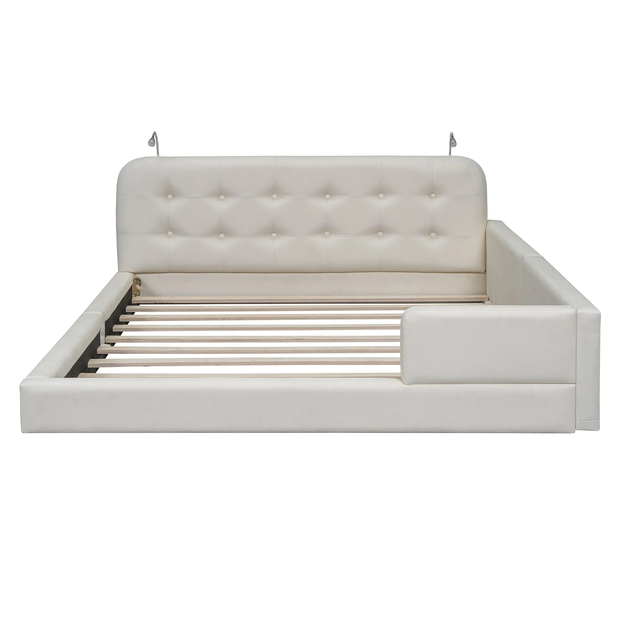 Couch.com Queen Size Upholstered Platform Bed With 2 Reading Lights White, Platform Base, Durable Design, Modern Style, Faux Leather Construction, White Finish by Couch.com