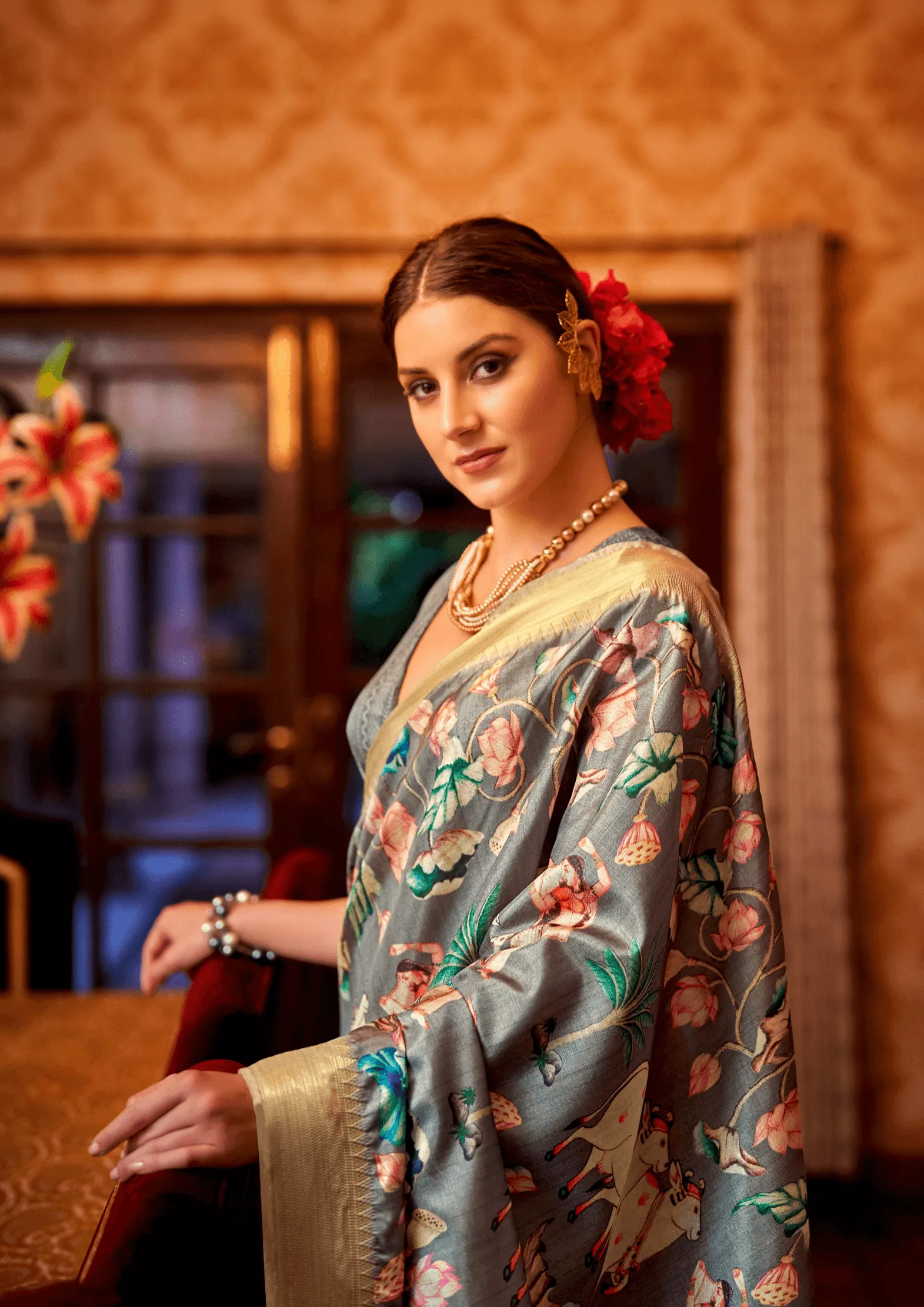 Designer Pichwai Floral Grey Saree