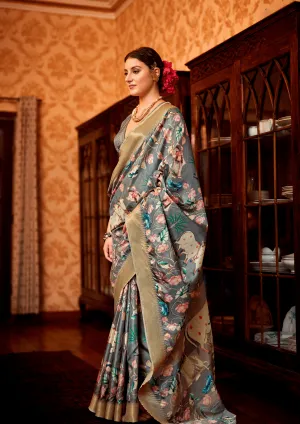 Designer Pichwai Floral Grey Saree