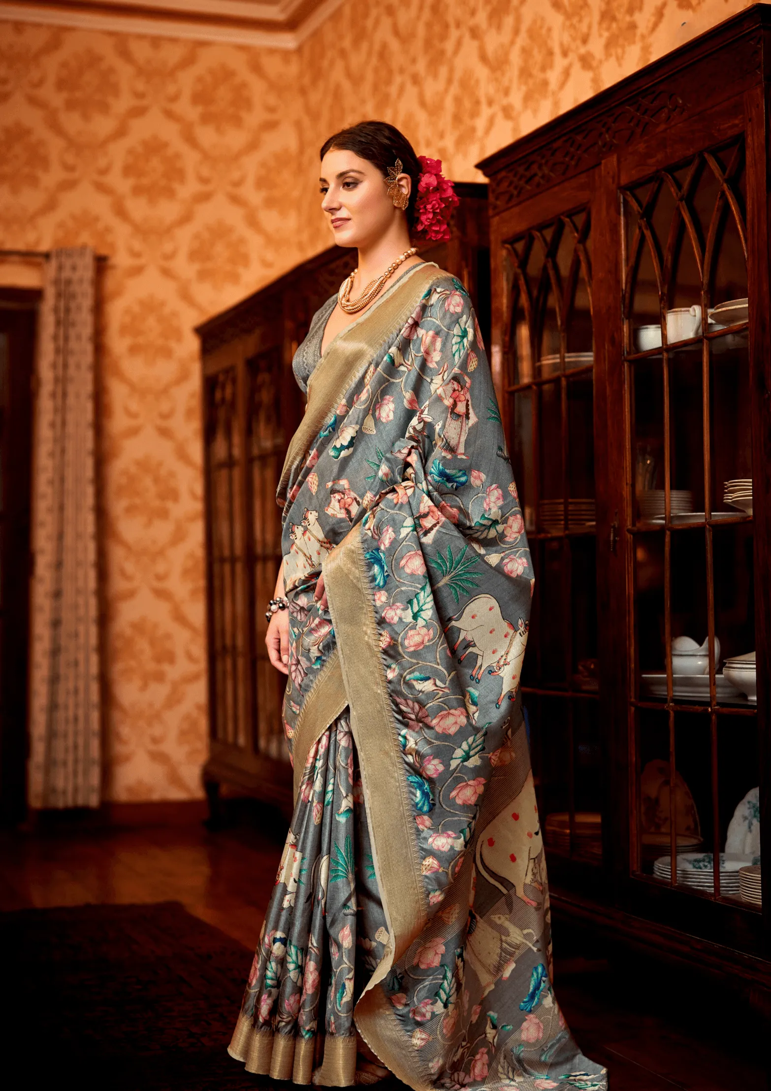 Designer Pichwai Floral Grey Saree