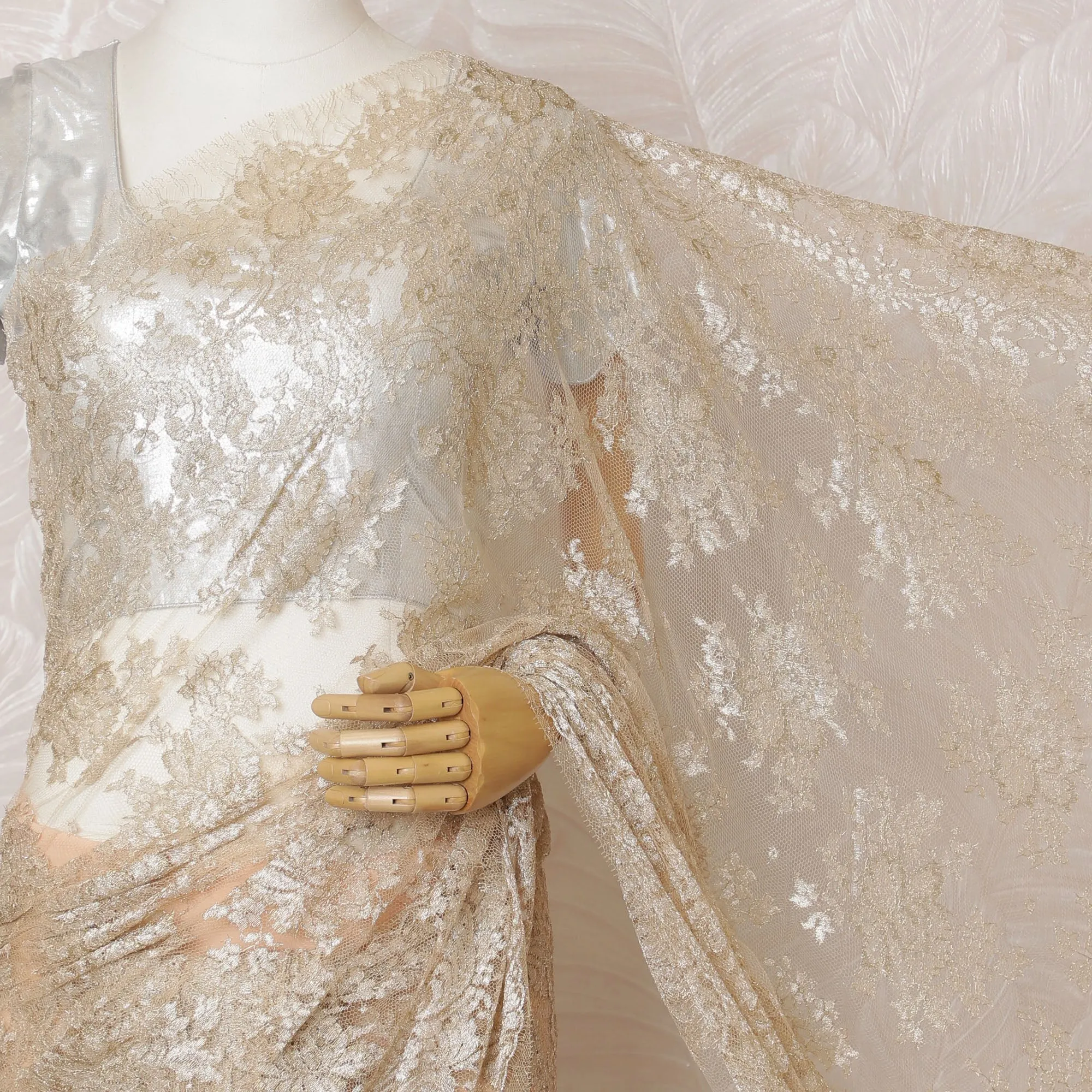 Elegant French Metallic Chantilly Lace Fabric - Gold Floral Design, 110 cm Width, 5.5 Meters-D19451