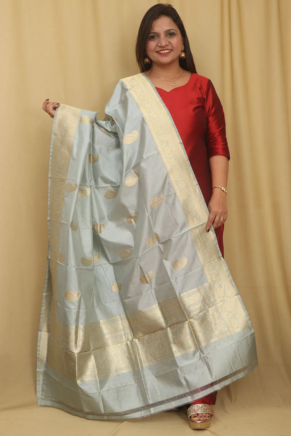 Elegant Grey Banarasi Handloom Pure Katan Silk Dupatta