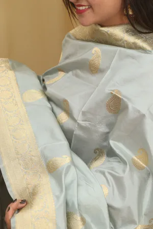 Elegant Grey Banarasi Handloom Pure Katan Silk Dupatta