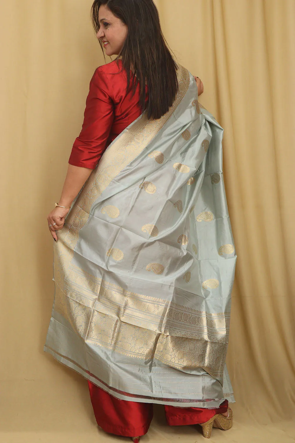 Elegant Grey Banarasi Handloom Pure Katan Silk Dupatta