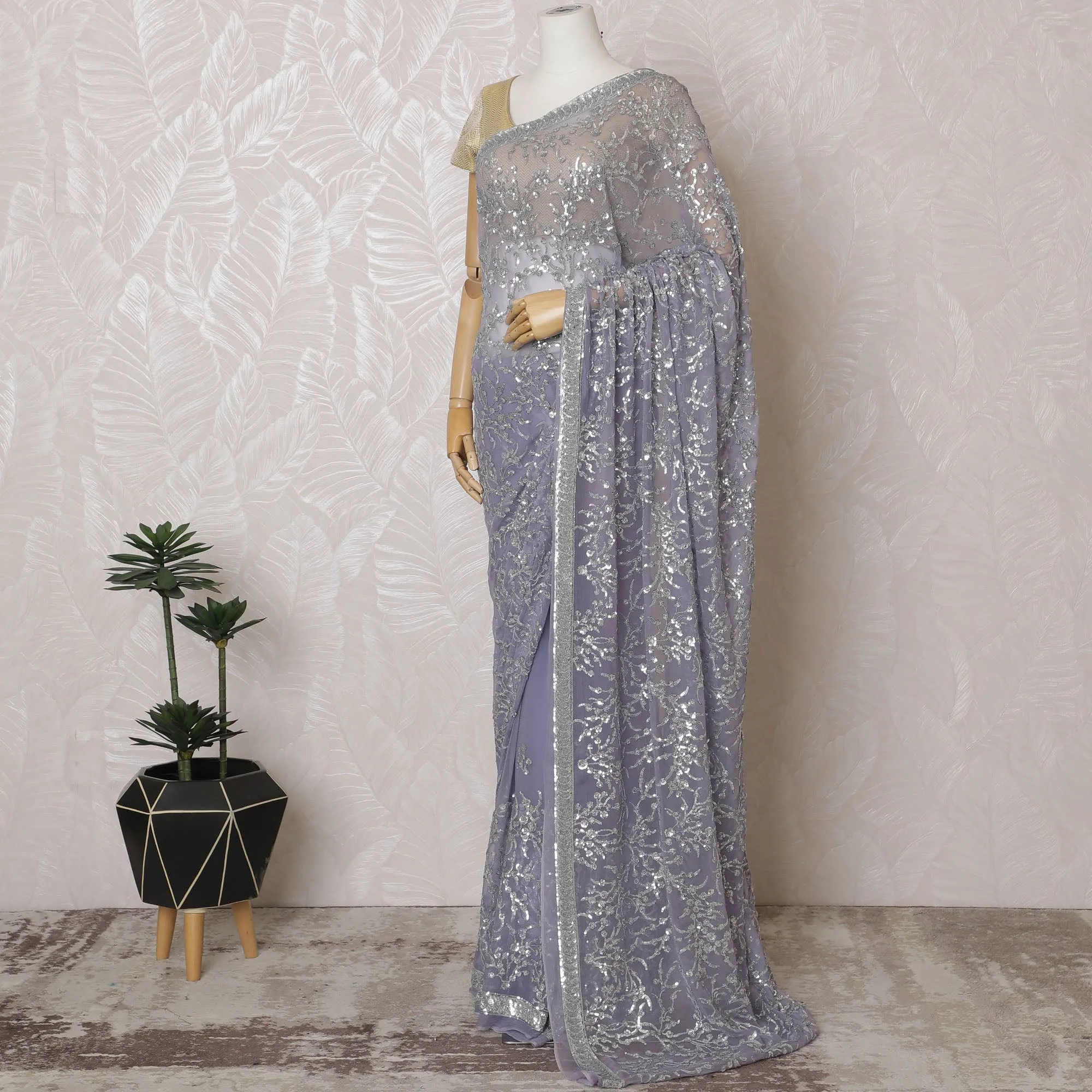 Elegant Lavender Silk Chiffon Saree with Silver Embroidery,110 cm Width, 5.5 Meters Piece-D19480