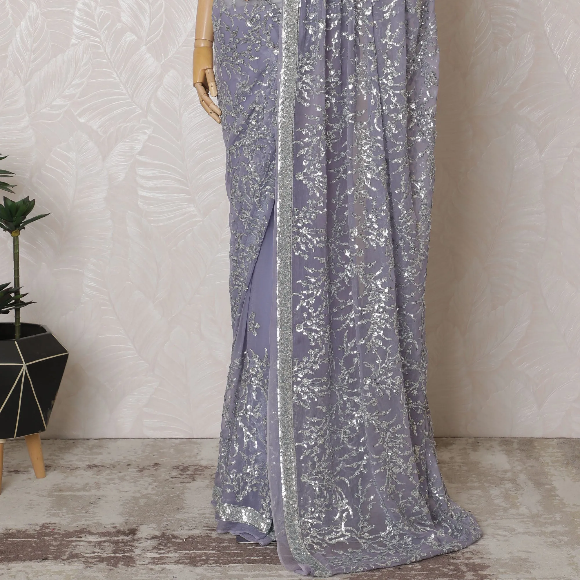 Elegant Lavender Silk Chiffon Saree with Silver Embroidery,110 cm Width, 5.5 Meters Piece-D19480