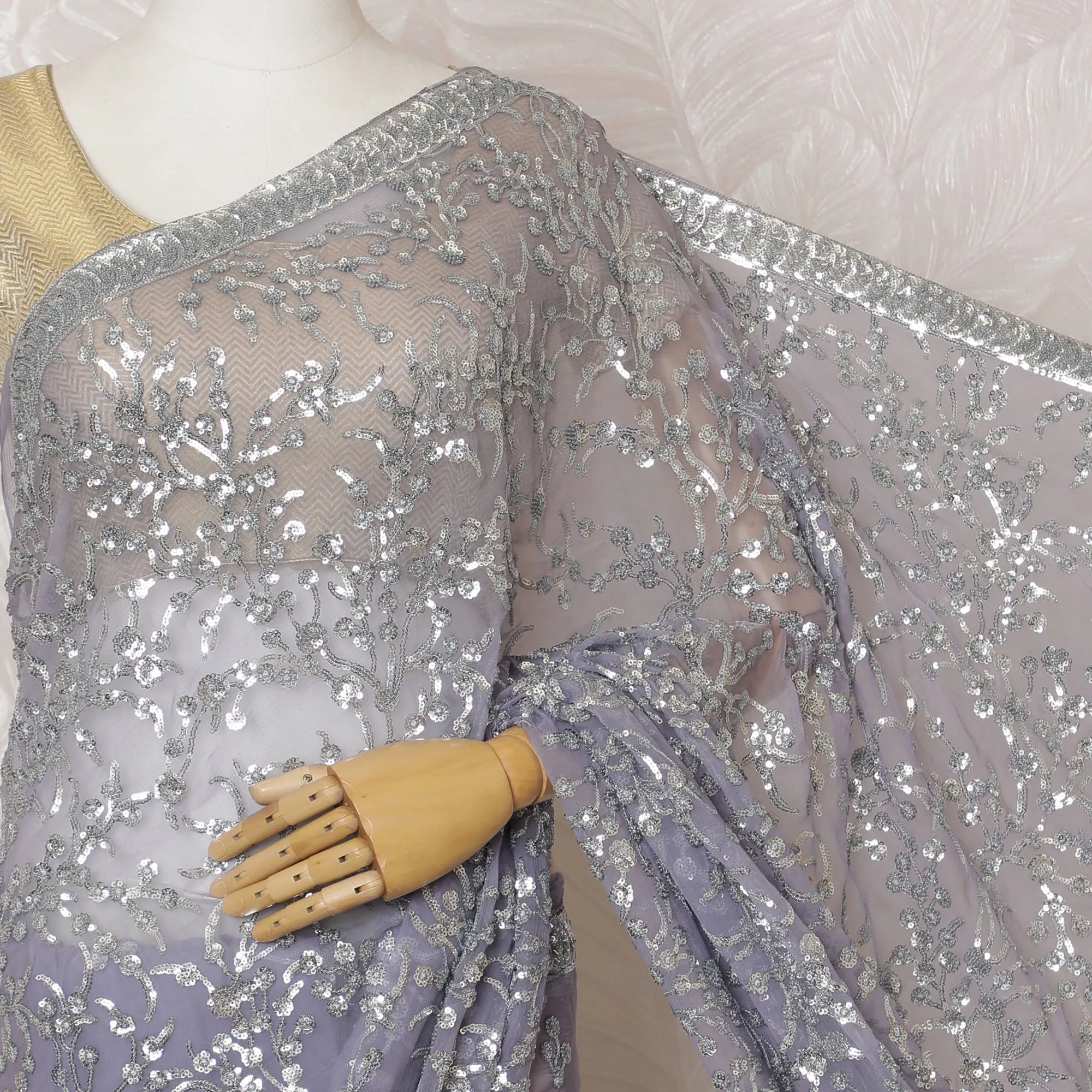 Elegant Lavender Silk Chiffon Saree with Silver Embroidery,110 cm Width, 5.5 Meters Piece-D19480