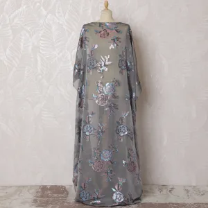 Elegant Smokey Grey Silk Chiffon Dirac Fabric with Blue Lurex Floral Patterns - 140cm x 3.5 Mtrs Length - Buy Online-D18208