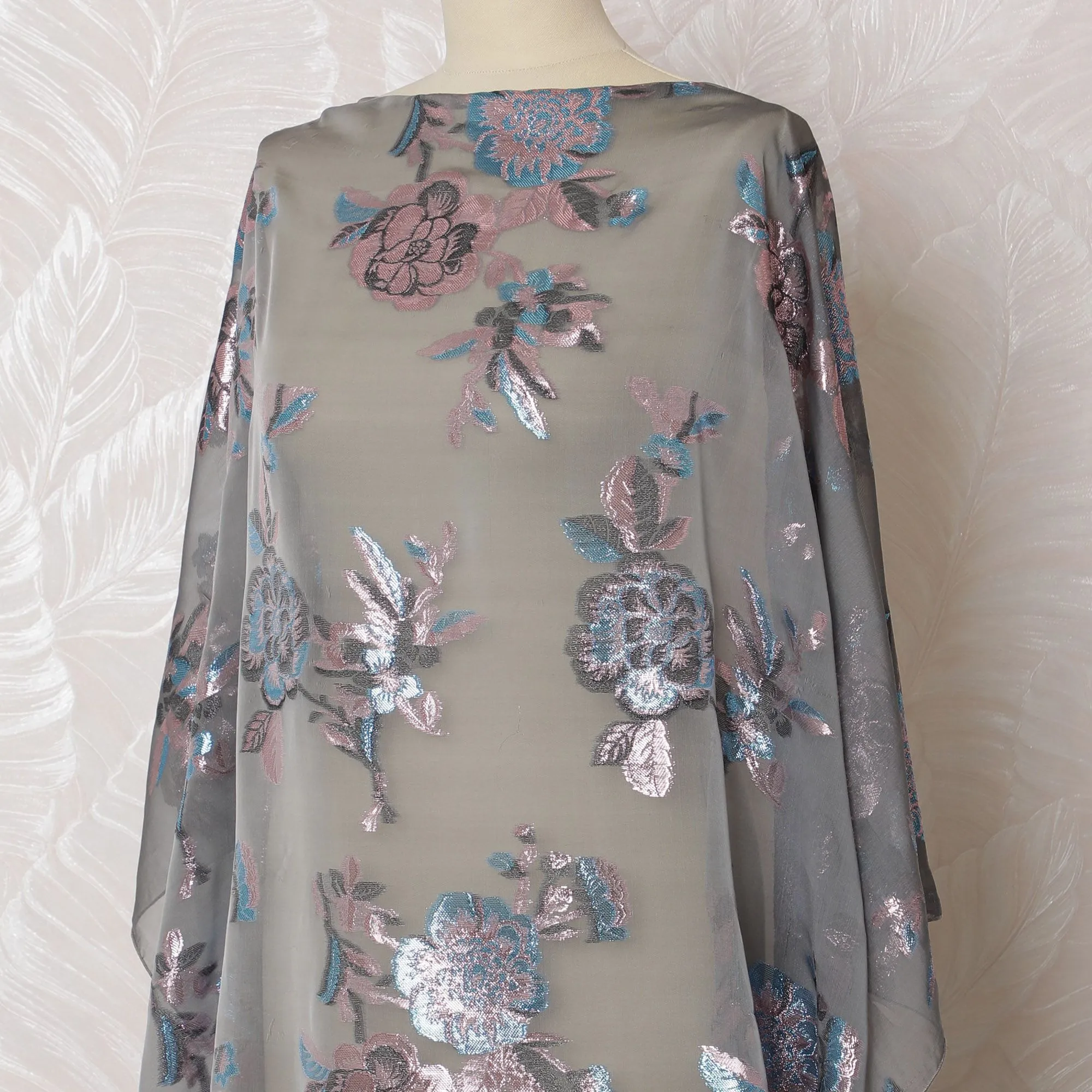 Elegant Smokey Grey Silk Chiffon Dirac Fabric with Blue Lurex Floral Patterns - 140cm x 3.5 Mtrs Length - Buy Online-D18208