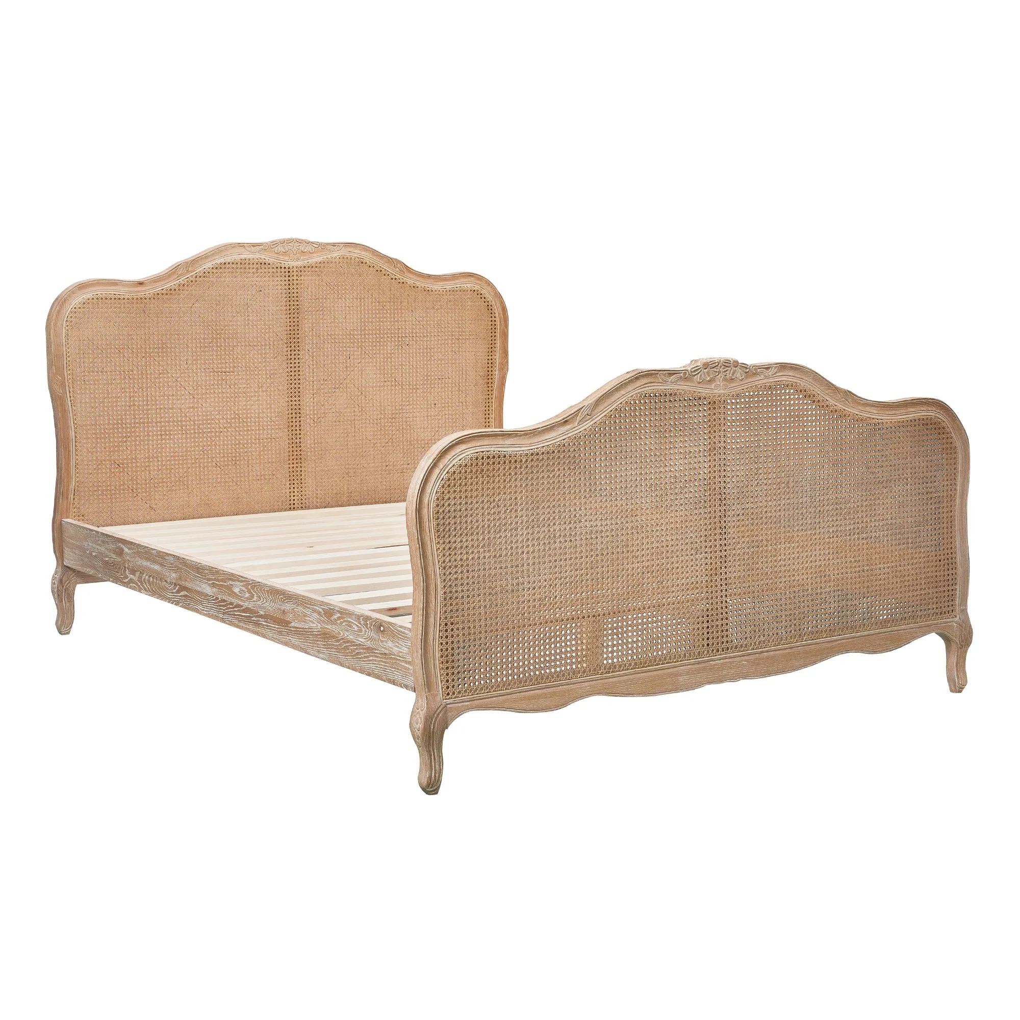 French Provincial King Bed Solid Oak Rattan Frame Whitewash