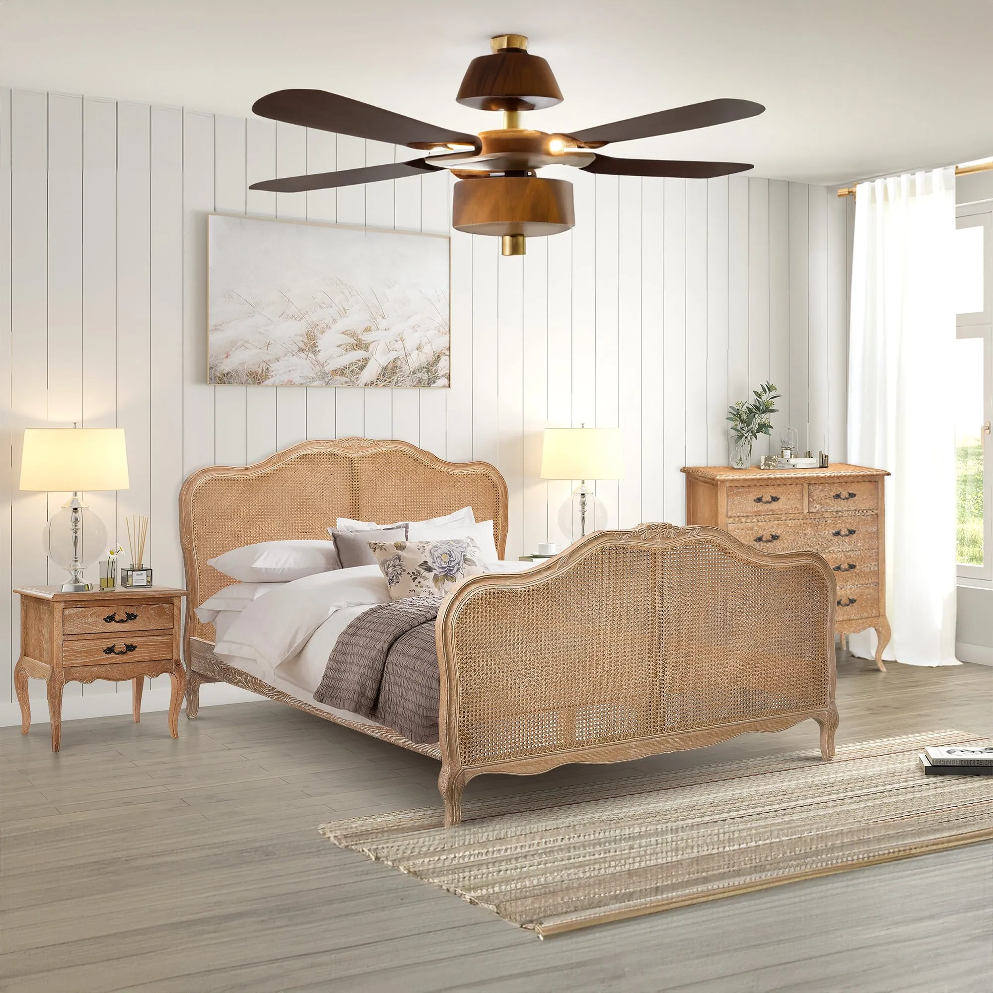 French Provincial King Bed Solid Oak Rattan Frame Whitewash