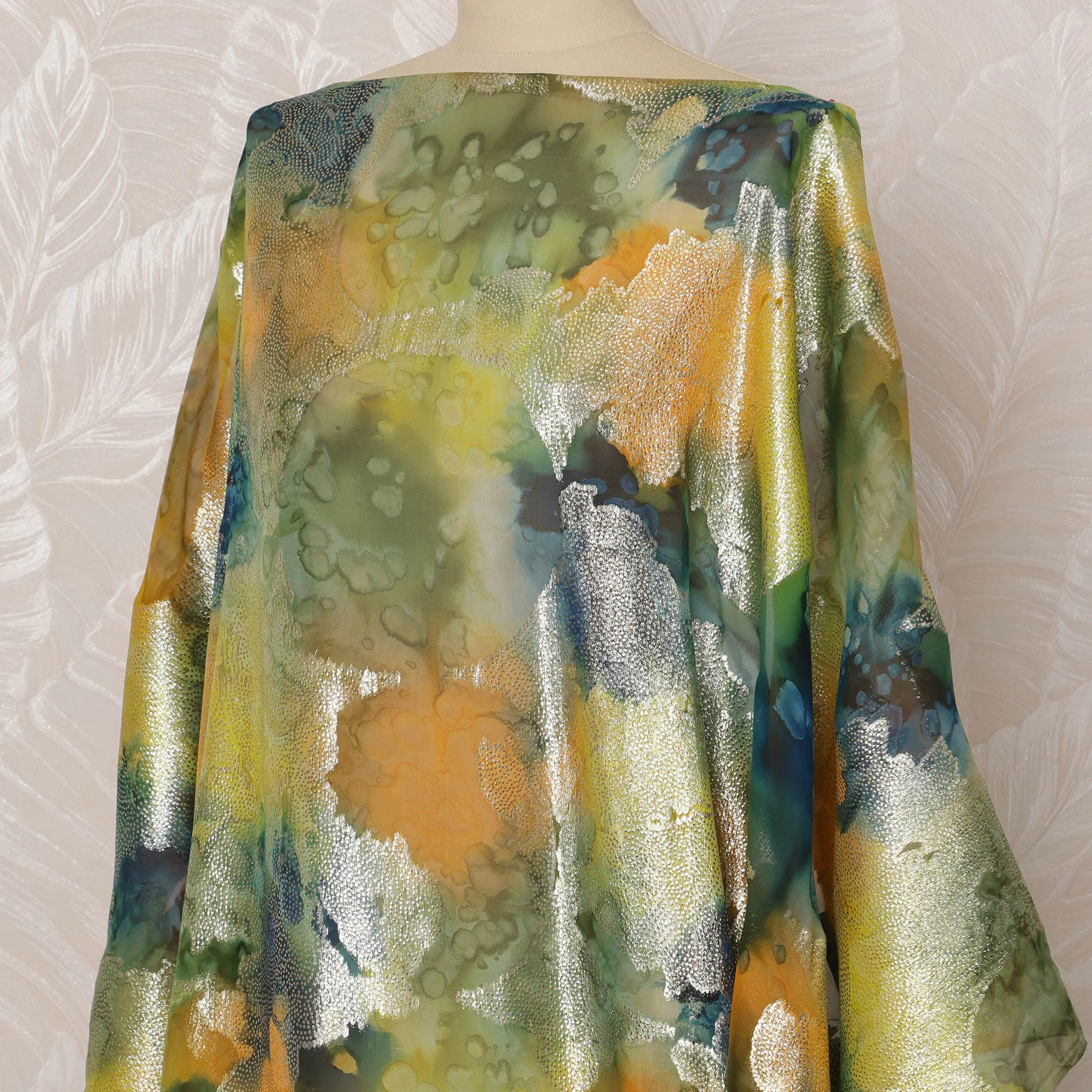 Green and Gold Abstract Silk Chiffon Dirac Fabric with Metallic Lurex, 3.5 Meters, 140 cm Width-D20796