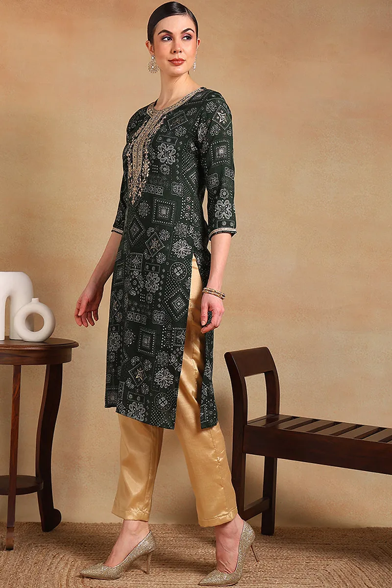 Green Silk Blend Ethnic Motifs Printed Straight Kurta