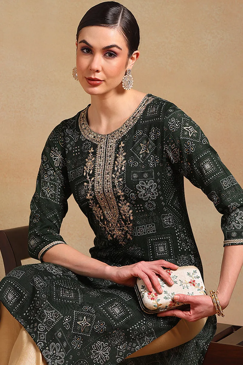 Green Silk Blend Ethnic Motifs Printed Straight Kurta