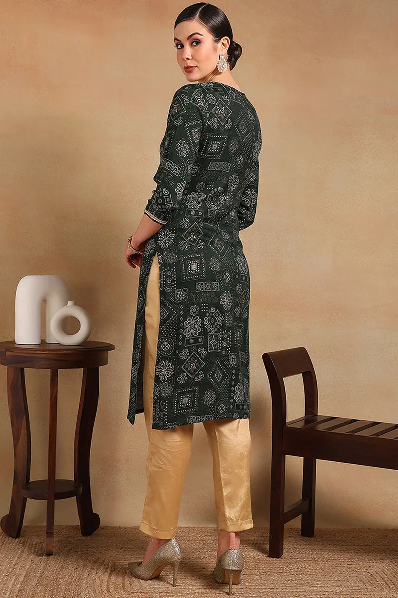 Green Silk Blend Ethnic Motifs Printed Straight Kurta
