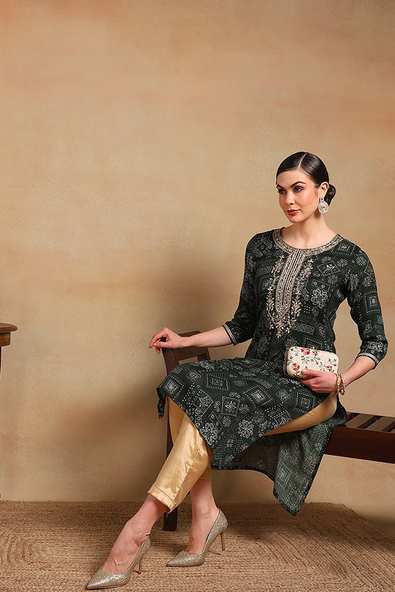 Green Silk Blend Ethnic Motifs Printed Straight Kurta