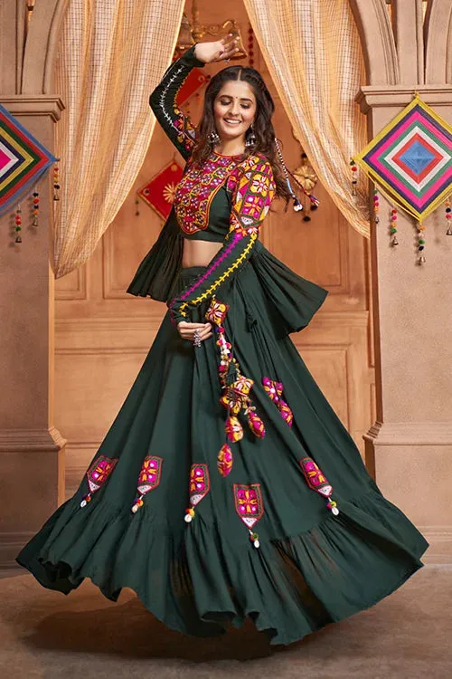 Green Viscose Rayon Embroidered Mirror Work Navratri Festival Chaniya Choli Collection