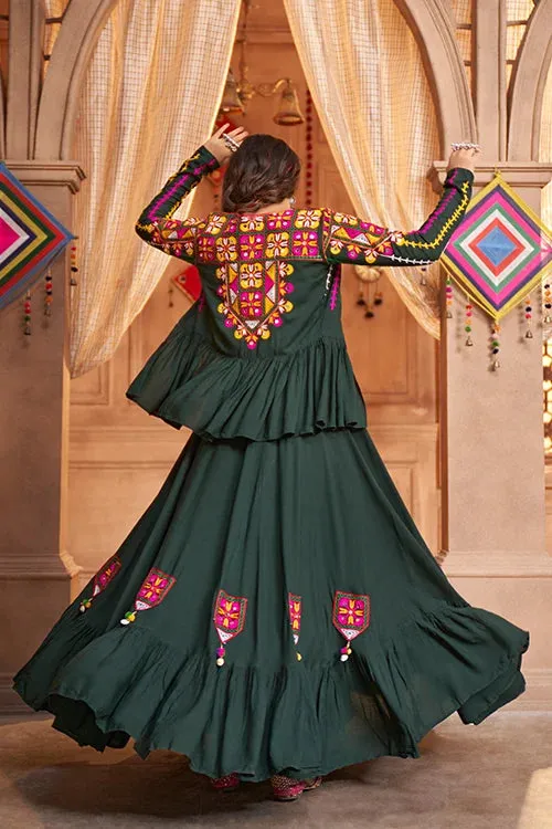 Green Viscose Rayon Embroidered Mirror Work Navratri Festival Chaniya Choli Collection