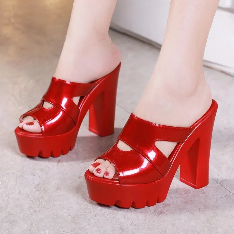 Hnzxzm Slippers Women's Wear Summer New Fish Mouth All-match Casual Waterproof Platform Thick High-heeled Thick-heeled Sandals Red