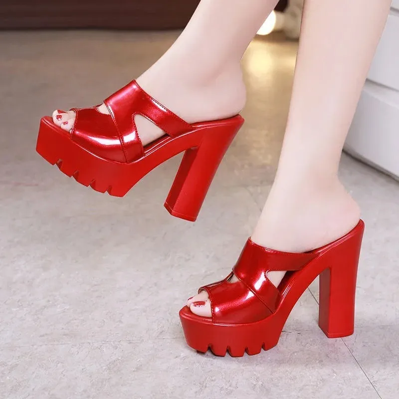 Hnzxzm Slippers Women's Wear Summer New Fish Mouth All-match Casual Waterproof Platform Thick High-heeled Thick-heeled Sandals Red