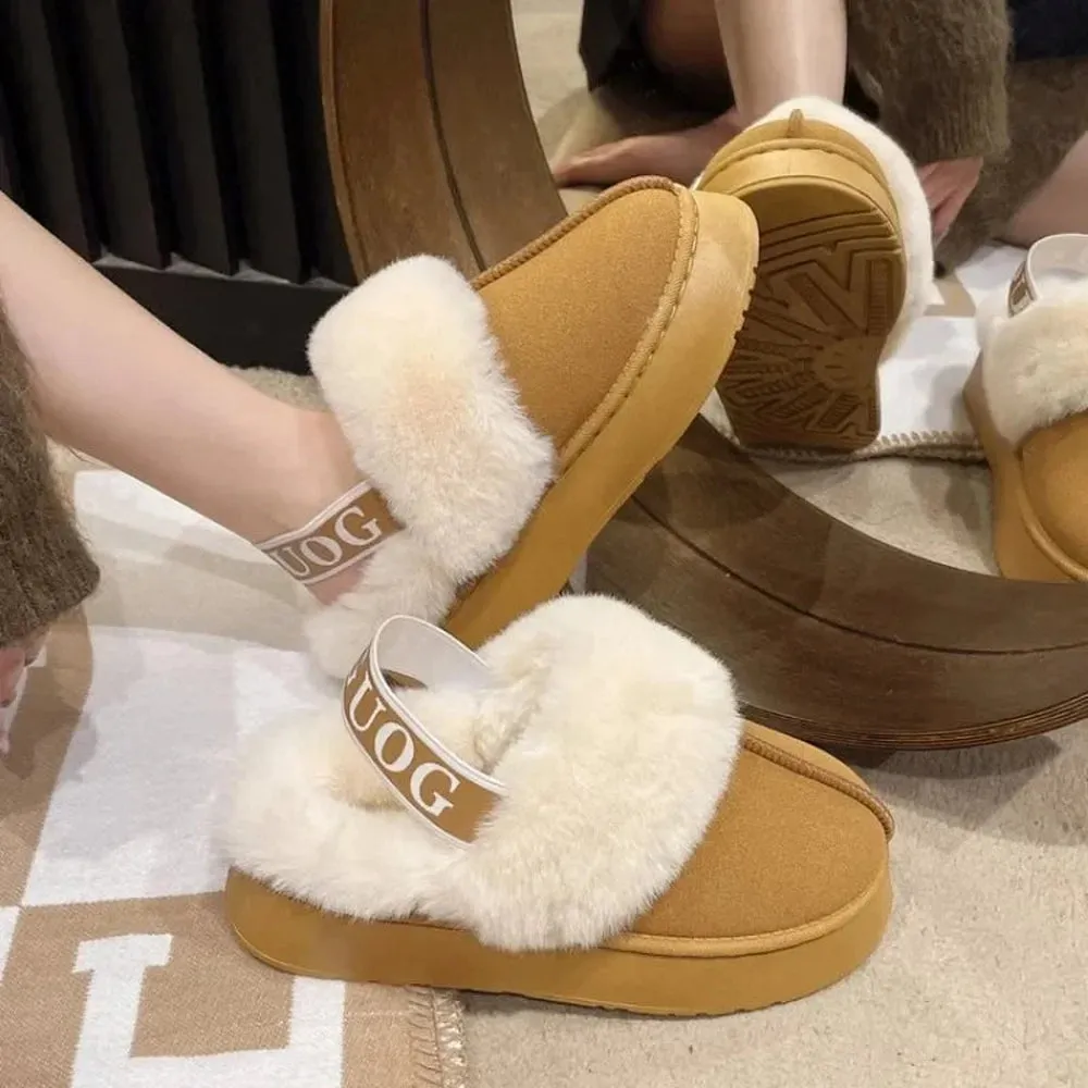 Merendy Fatema Round toe Platform Slingback Faux Suede Fur Slippers