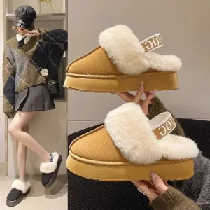 Merendy Fatema Round toe Platform Slingback Faux Suede Fur Slippers